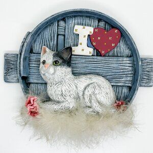 SOLD Vtg Handmade Ceramic I Love Cats Wall Plaque Fur Country Flowers Cottage